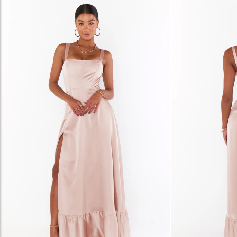 Show Me Your Mumu Blush Clarissa Corset Dress in Rose Gold Luxe Satin